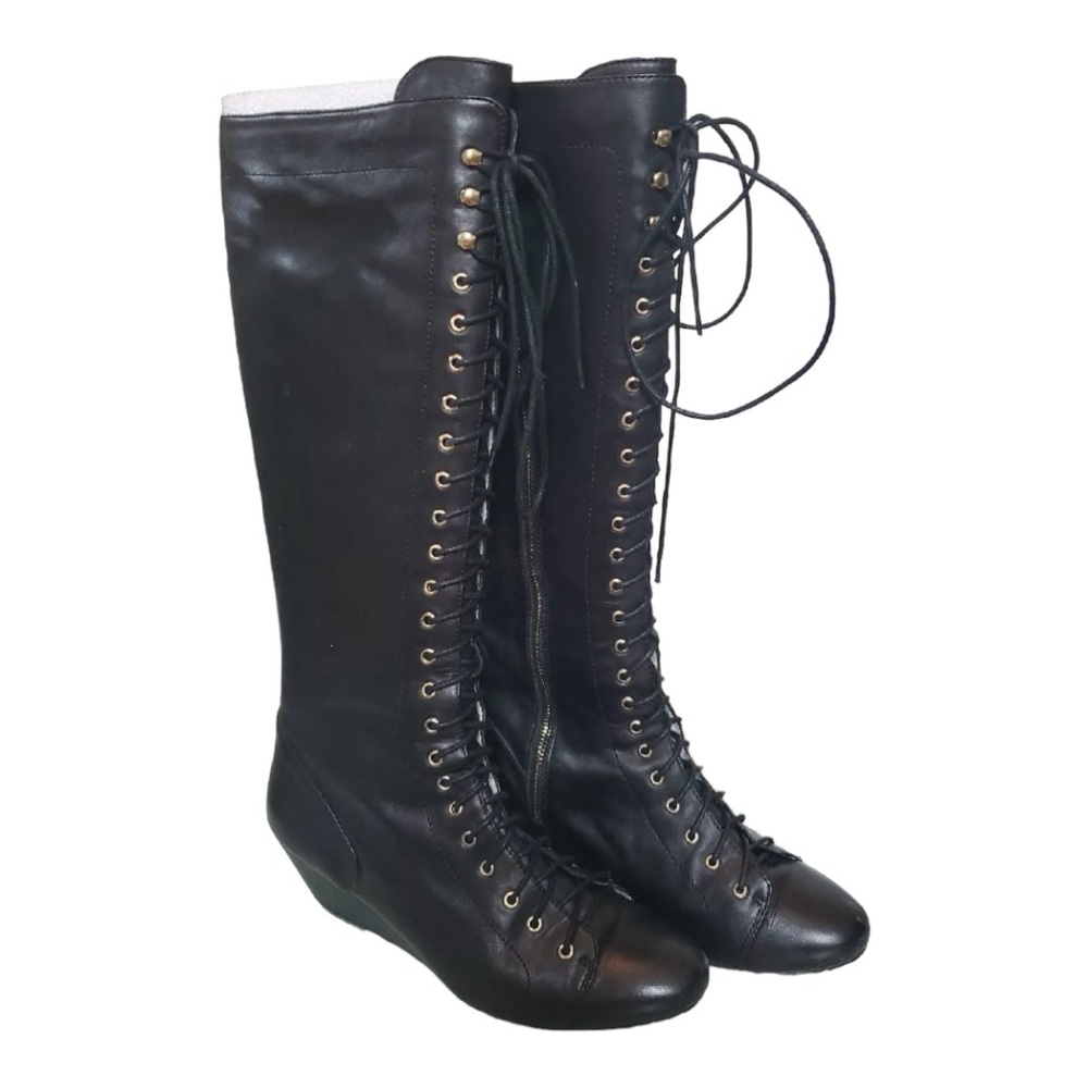 Matiko Black Leather Lace Up Wedge Boots